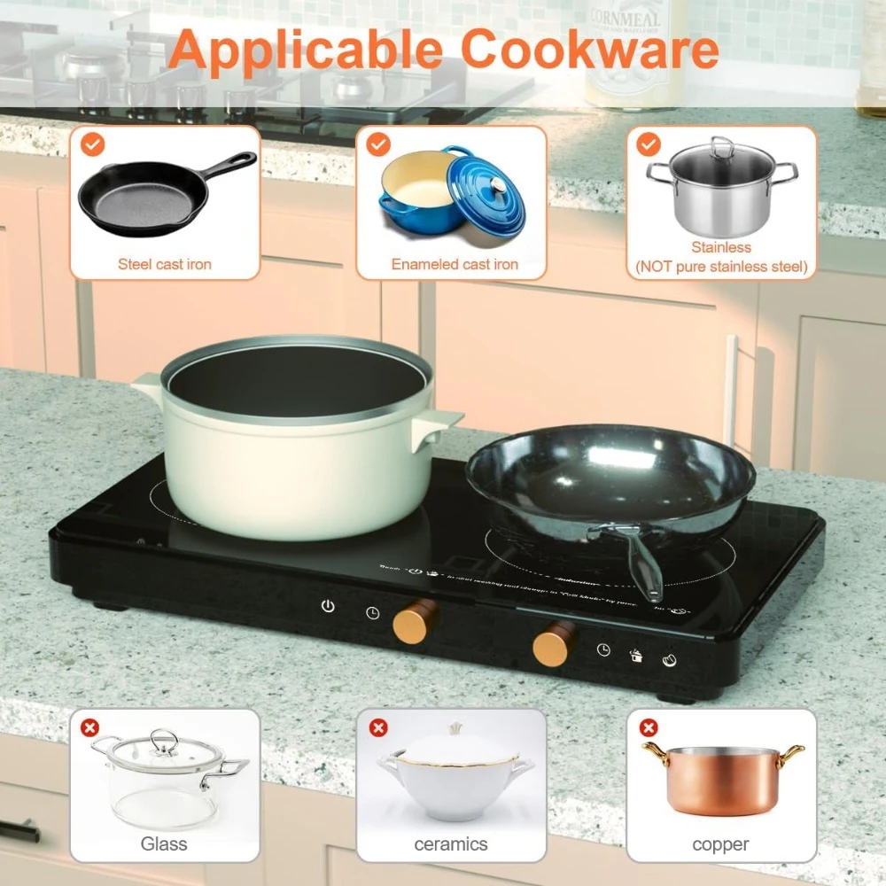 Cuisinière électrique à induction, 2 brûleurs perfectistique, minuterie et contrôle numérique de la température, table de cuisson portable à double induction