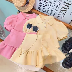 new summer girl clothes 2pc/set top shirt+ skirt children baby kids students fashion 90-140 3-8year fashion lovely solid