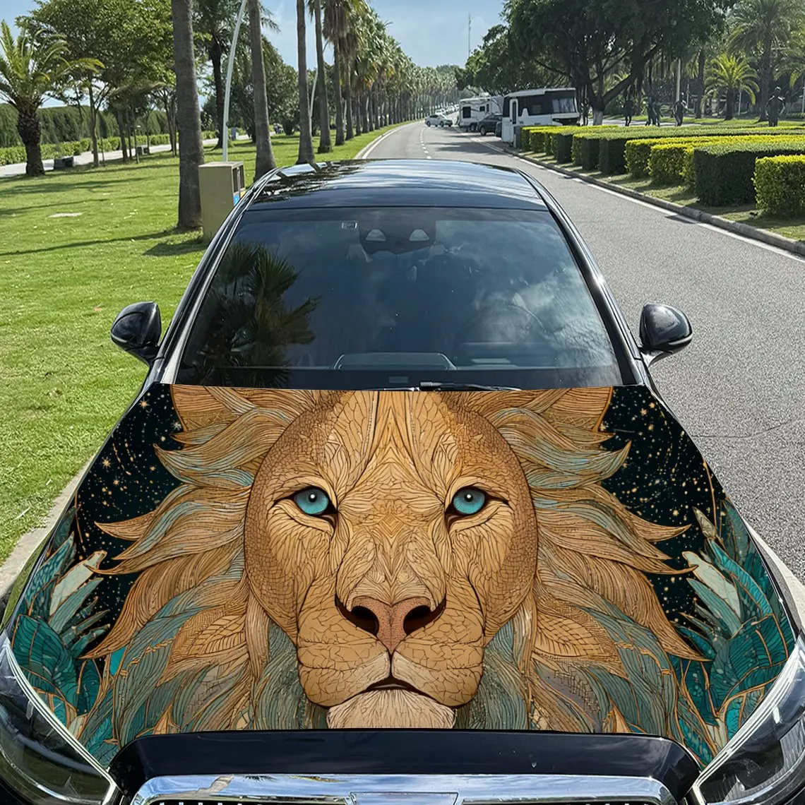 

Majestic Blue - Eyed Lion Car Hood Stickers - Self-Adhesive, Waterproof and Durable Vinyl Wrap, Decorate And Protect Your Car, F