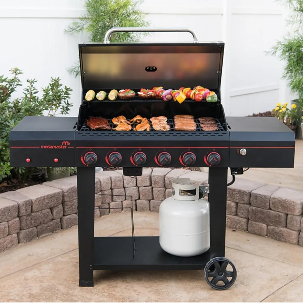 6 burner Propane BBQ Gas grill, side rack with hooks for outdoor cooking, BBQ, open cart with side table, black