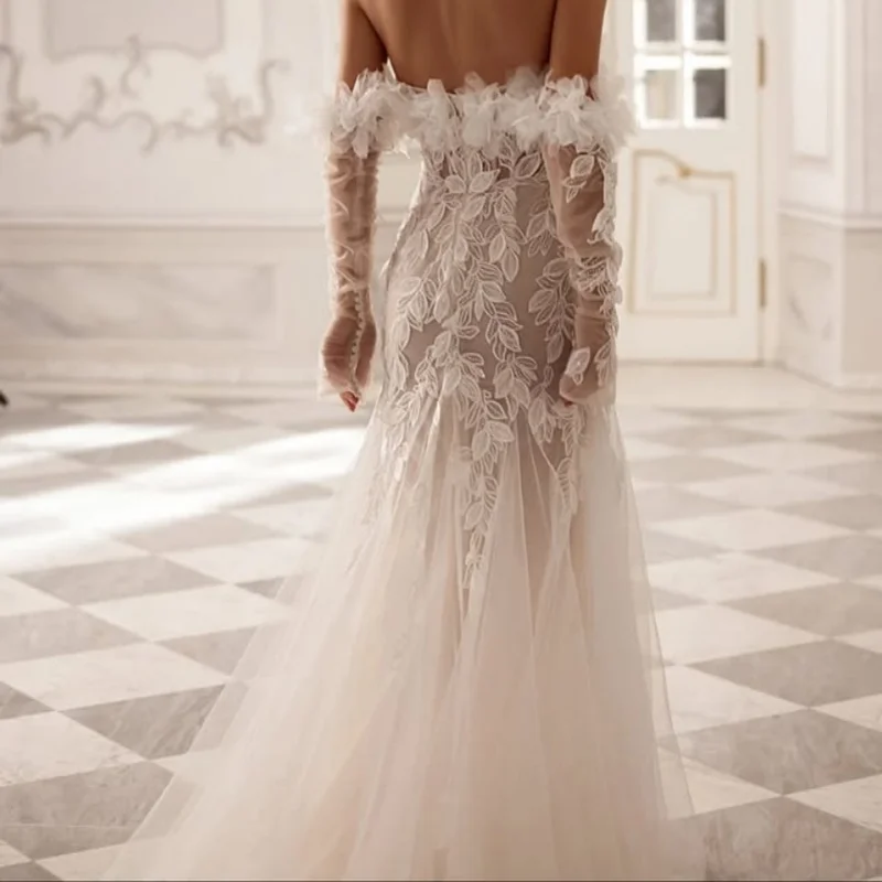 ivory Appliques Lace layering Wedding Dresses of fishtail long sleeves 3D flower decal Bridal Gowns Made Customized