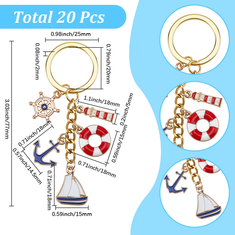 1 Box 20Pcs Nautical Keychain Bulk Sailboat Charm Keychain Set Alloy Enamel Gold Ship Summer Lighthouse Compass Ocean Pendants