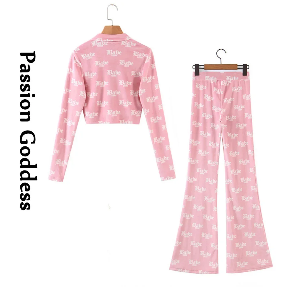 Cute Women 2 Piece Velvet Sets Loungewear Tracksuits Babe Letter Printed Zipper Jackets High Waist Flare Pants Two Piece Outfits