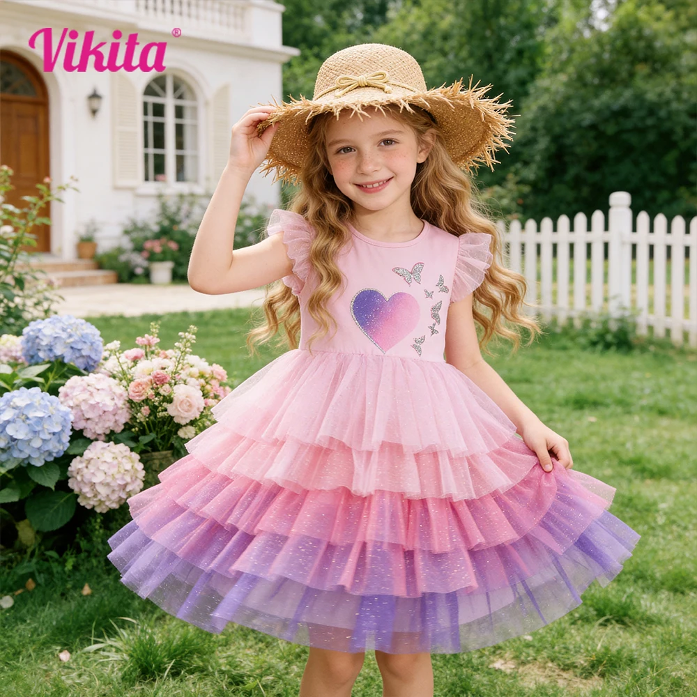 Mädchen Rosa Tüll-Tutu-Kleid Kinder Ombre Herz-Schmetterling-Druck Trompetenärmel Sommer Mehrlagiges Kuchen-Gradient Prinzessinnen-Partykleid