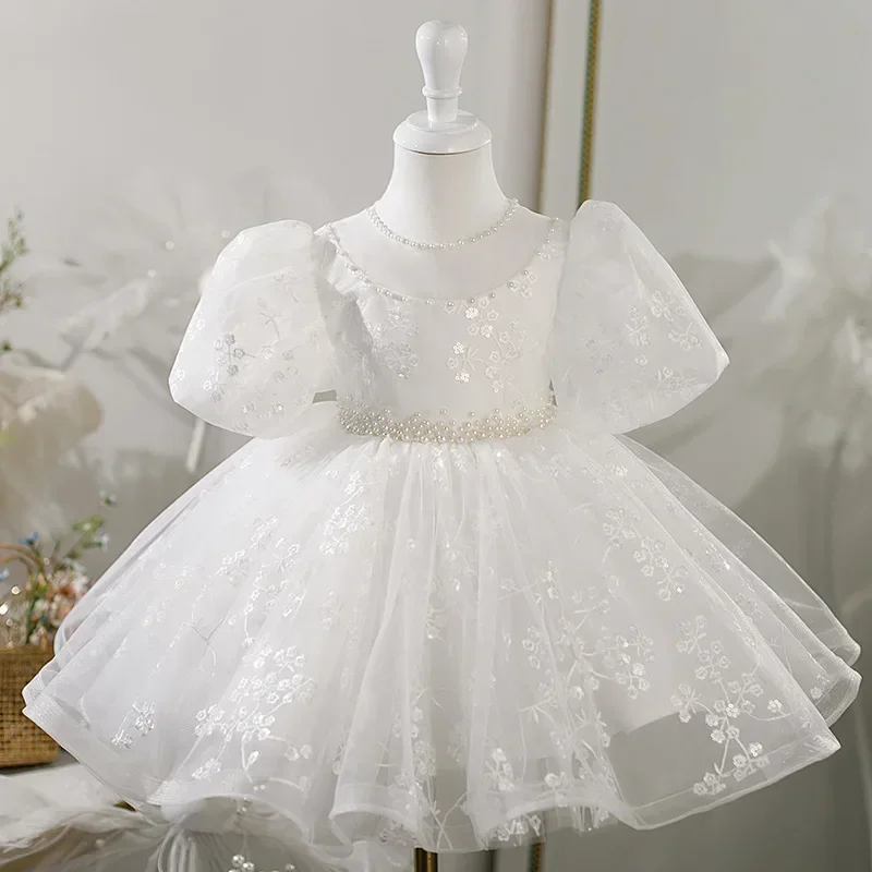 Customized O-neck Embroidery Puff Sleeve Flower Girls Dresses Slim Tiered Ball Gown Princess Vestidos Kids Birthday Party Dress