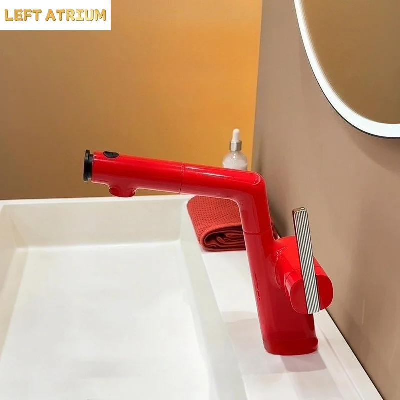 Multi-Function Pull-Out Bathroom Tap with Adjustable Height, Hot and Cold Water, for Washbasin Countertop – Berry Red