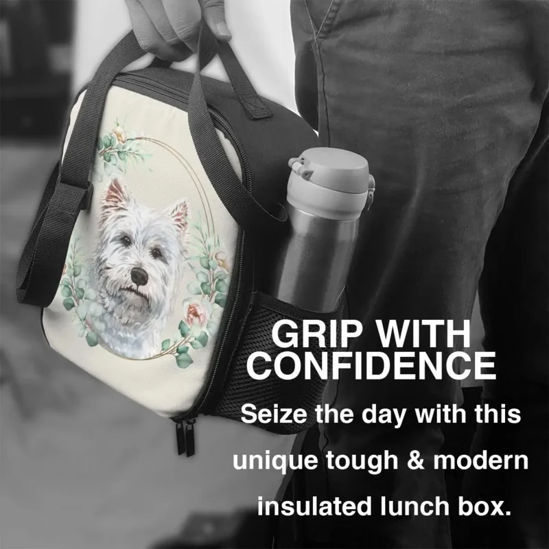 West Highland-Bolsa de almuerzo aislada con corona de oro Floral para perros, Bento Box térmico para amantes de las mascotas, viaje de playa, Blanco Terrier