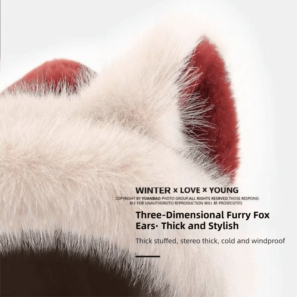 かわいい 3-in-1 キツネ耳帽子 スカーフ 手袋 防風耳保護 フード付きスカーフ 保温 ふわふわ 冬用スカーフ アウトドア
