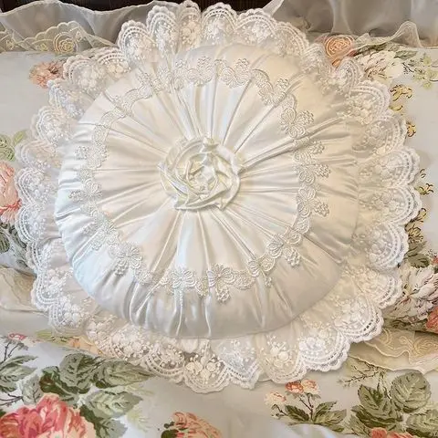 French Court Style Embroidered Pillow,White Pumpkin Shaped Cushion with Lace Edge,Light Luxury Sofa Bedroom Decoration Ornament