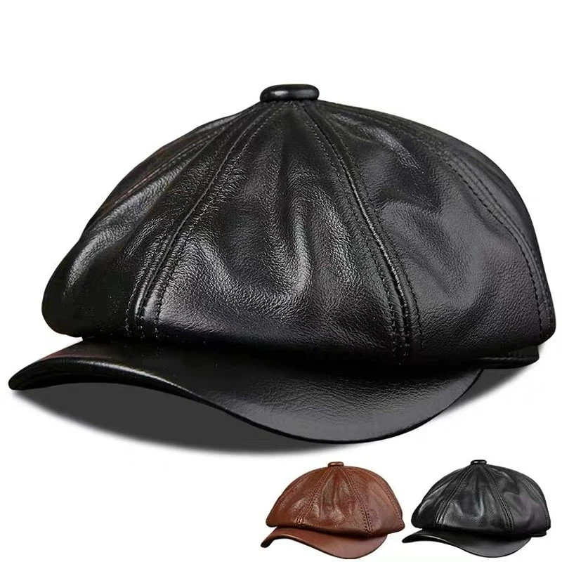 Retro Octagonal Genuine Leather Hat Winter Men\'s Cowhide Leather Beret Elegant Fashion Student Tongue Cap Snapback Caps For Men