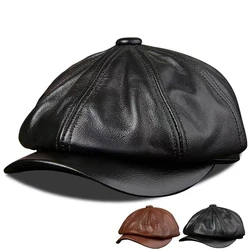 Retro Octagonal Genuine Leather Hat Winter Men's Cowhide Leather Beret Elegant Fashion Student Tongue Cap Snapback Caps For Men