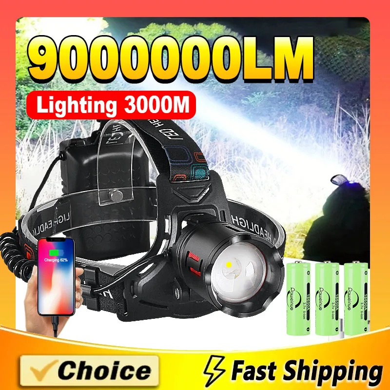 9000000LM Ultra Powerful Headlamp Head Lantern Front Light Rechargeable Type C Professional LED Head Flashlight For Fishing