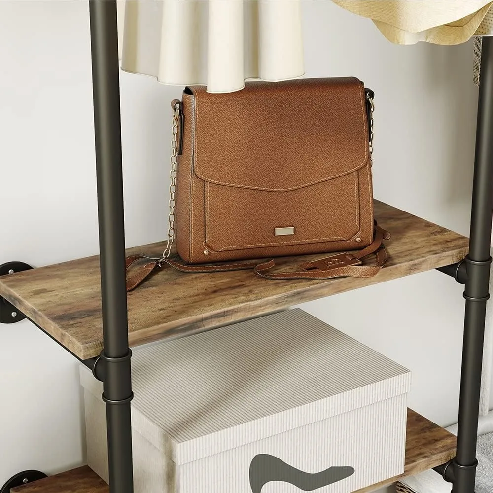 رف ملابس أسود قوي مثبت على الحائط مع قضبان تعليق مزدوجة وثلاث أرفف تخزين