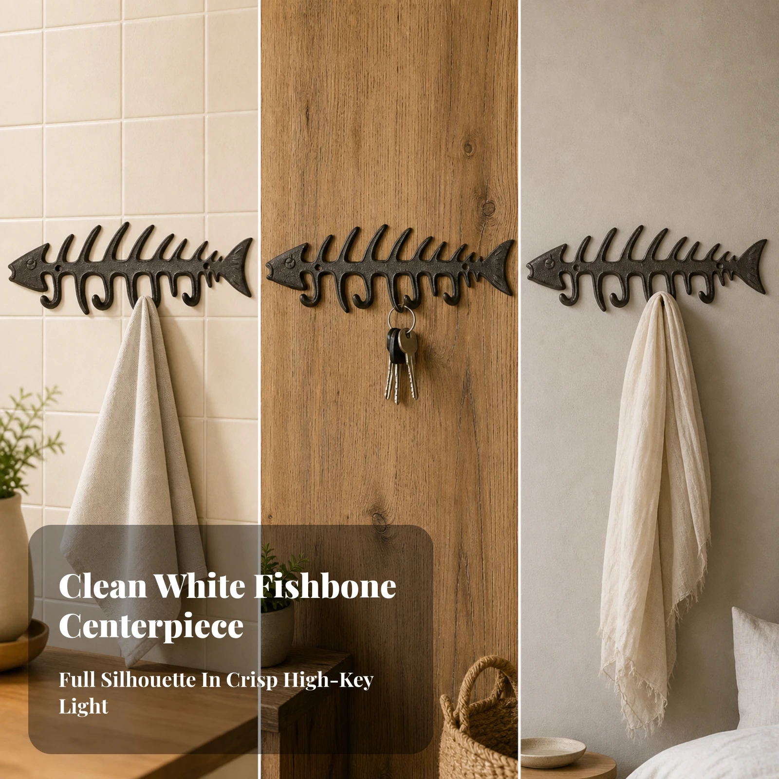 Fish Bone Wall Hook Rack Coastal Fish Bone Skeleton Hook Rack Decorative Sturdy for Entryway, Hallway