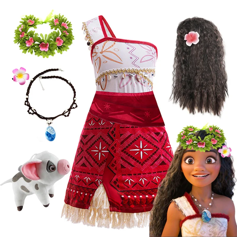 New Movie Moana 2 Dress for Girls Adventure Costume Girl Princess Fancy Clothes Children Vaiana Carnival Party Necklace Pig Set