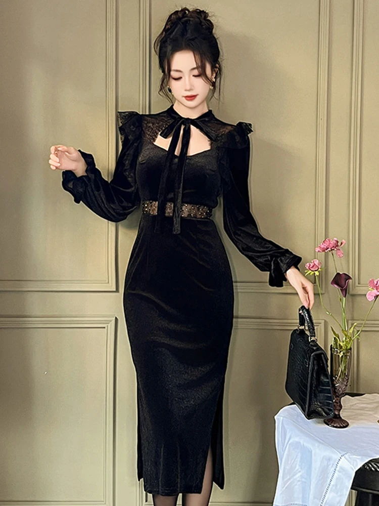 Celebrity Elegant Black Dress Women\'s Sweet Cute Bright Sequin Bandage Bow Hollow Out Slit Robe Evening Party Banquet Vestidos