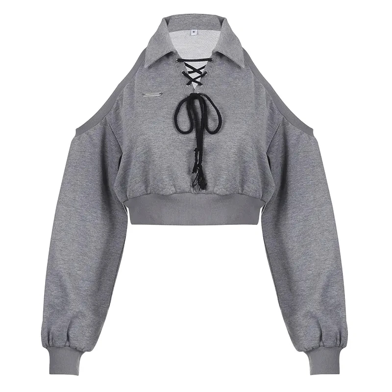 Sexy Cropped Sweatshirt Women Y2k Off Shoulder Slim Fit Short Tops Spring Summer Korean Long Sleeve Harajuku Grey Pullovers New