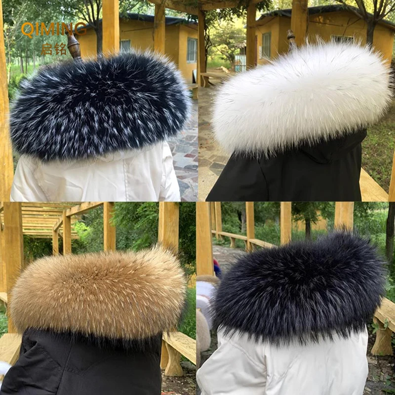 Real Fur Collar Furry Raccoon Fur Scarf Neck Warmer Women Men Luxury Warm Winter Coat Hood Decor Fur Shawls Black Luxery Scarf