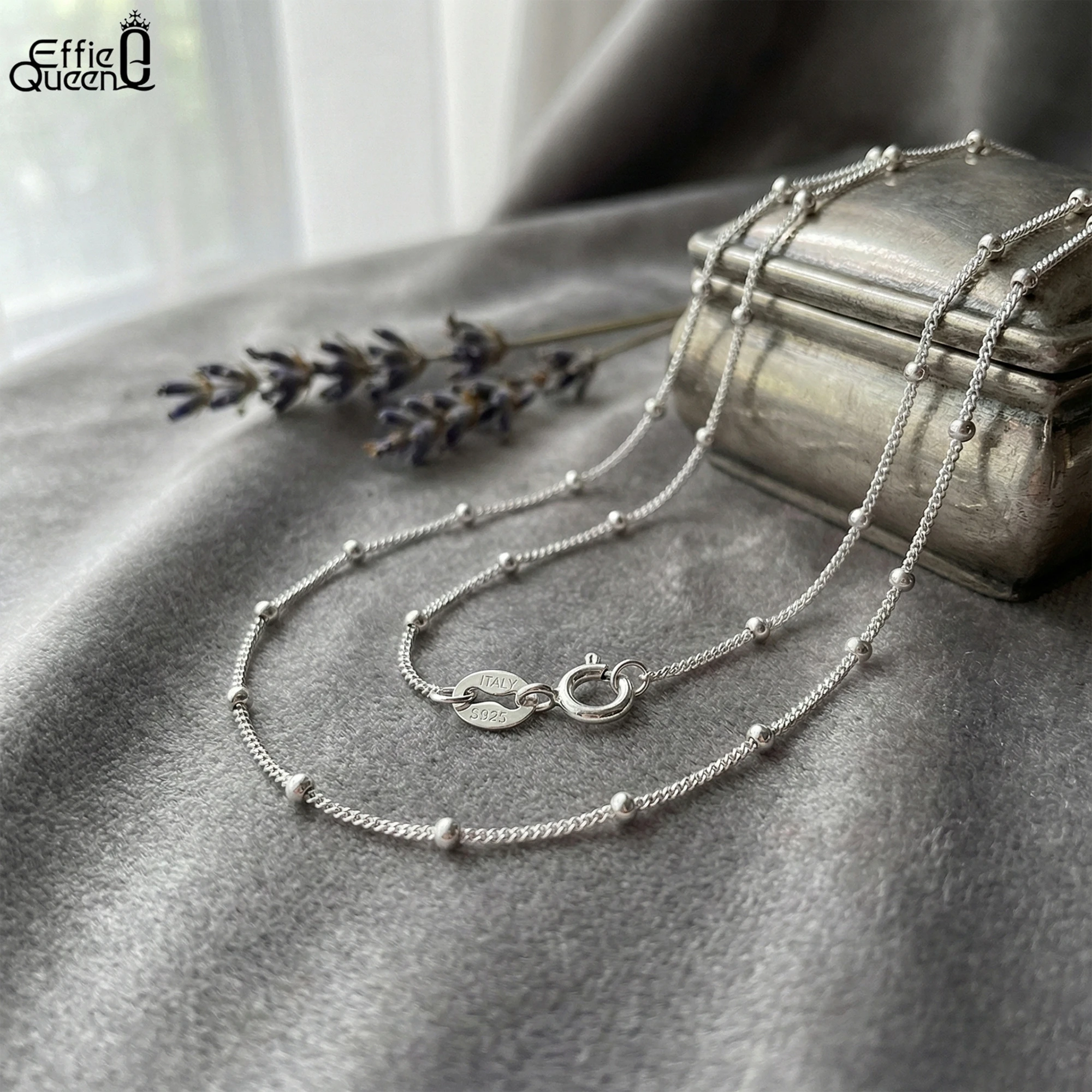 Effie Queen 925 Sterling Silver Satellite Side Chain Necklace Ball Beads Basic Chain Necklace for Women Simple 40-60CM Gift SC22