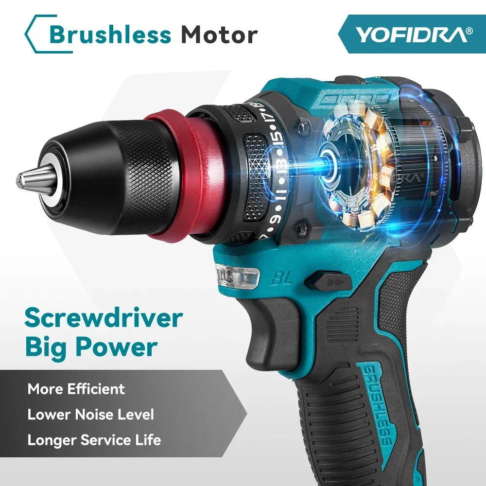 YOFIDRA 2 in1 Brushless ไขควงไฟฟ้าค้อนสว่านไร้สาย Impact มัลติฟังก์ชั่นเครื่องมือสําหรับ Makita 18V แบตเตอรี่