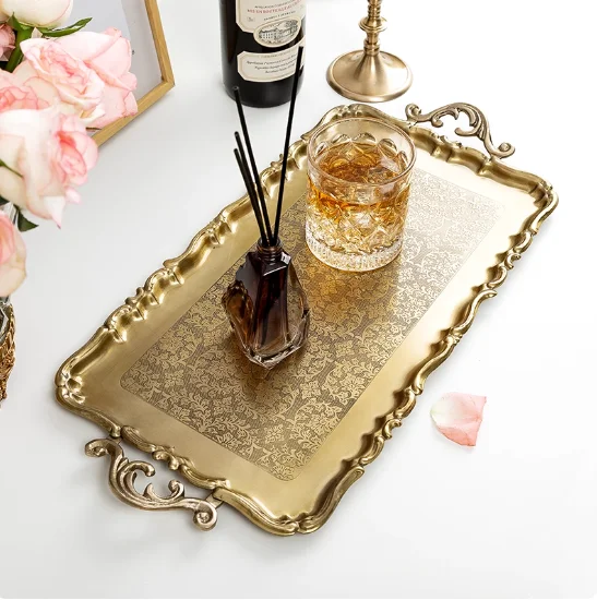 Brass retro carved tray European-style French snacks dried fruit tea tray aromatherapy plate ornaments