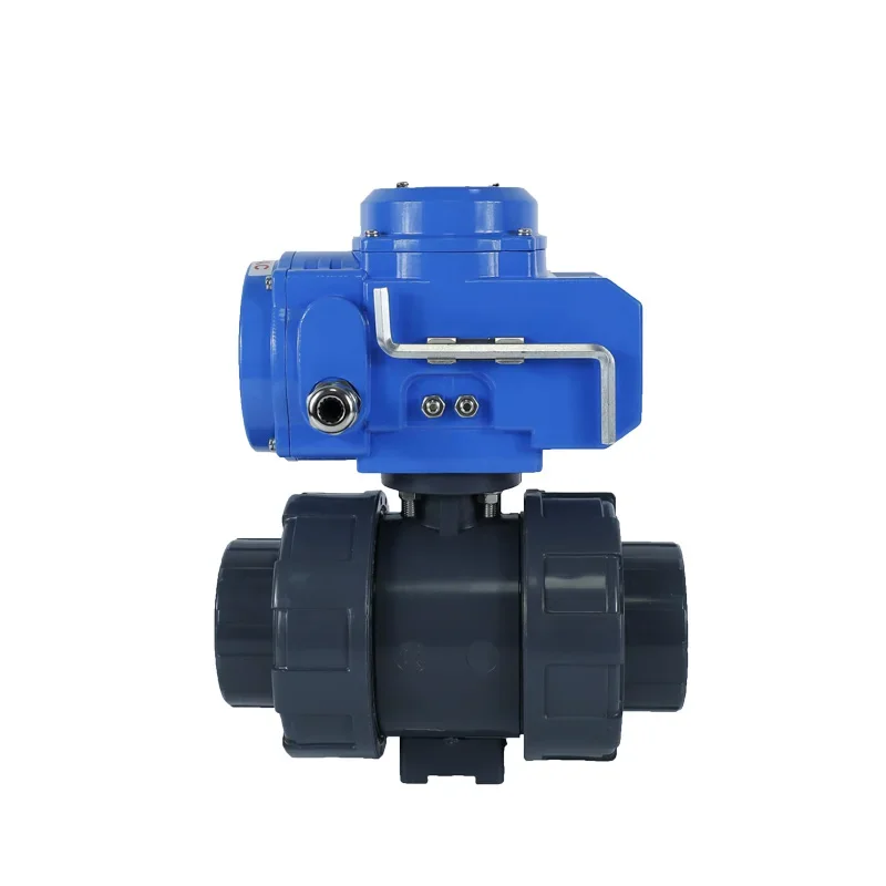 DC24V DN50 2 inch on/off or 4-20ma (0-10v) electric UPVC plastic double pipe rubber socket ball valve