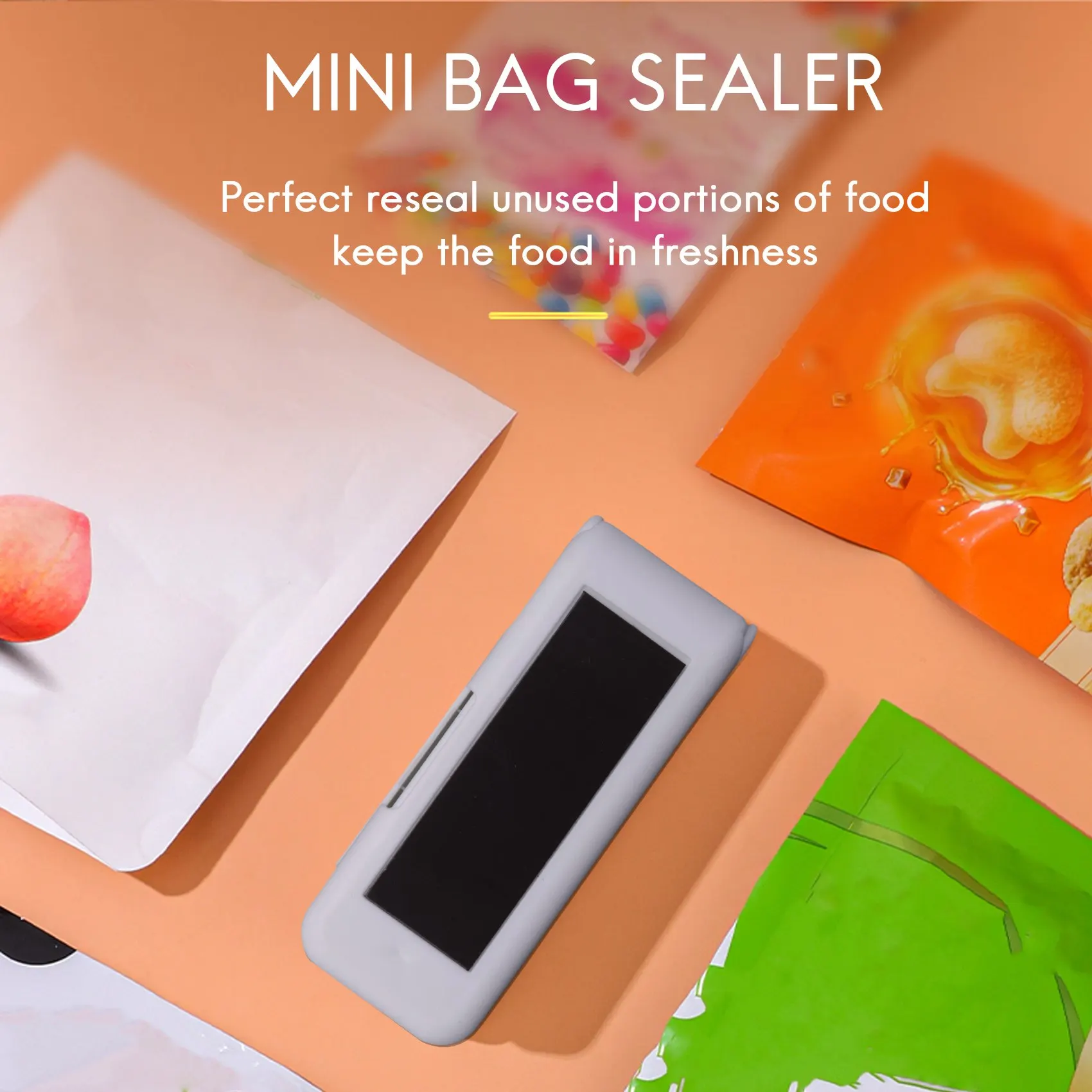 Sellador de bolsas de almacenamiento de paquetes de plástico, Mini máquina de sellado, pegatina práctica y sellos para aperitivos de alimentos, accesorios de cocina, blanco