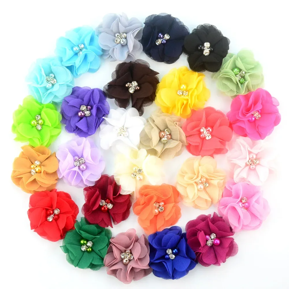 10pcs/lot Cute Chiffon Flowers with Pearl Rhinestone for Baby Girls Headband Hair Clips Diy Headwear Head Accessories