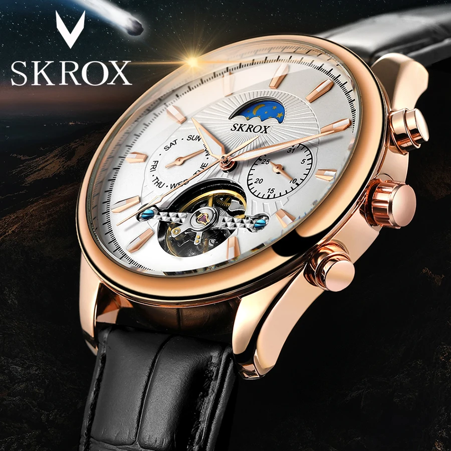 

SKROX Tourbillon Moonphase Automatic Movement Elegant Mens Watch Mechanical Man Wrist Watches Genuine Leather Strap Luxury Clock