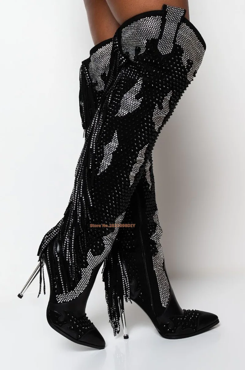 Black Leather Crystal Fringe Thigh High Iron Stiletto Heels Boots Girl Embellished Cowboy Tassel High Heel Sparkle Western Boot