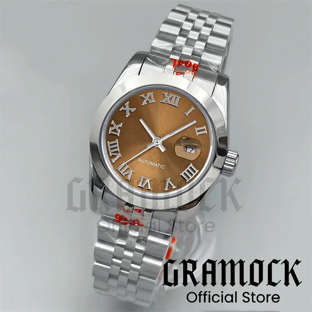 

Gramock 31 мм винтажные женские механические стальные часы NH05 коричневые римские часы Sunburst циферблат с сапфировым стеклом наклонный безель наручные часы