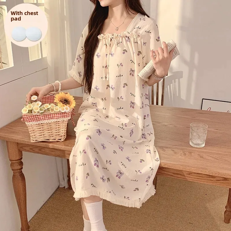 Summer Loose-fit Nightgown Sleepshirt Women's Medium-length Cotton Chest Pad Princess Style Home Clothes Square Collar