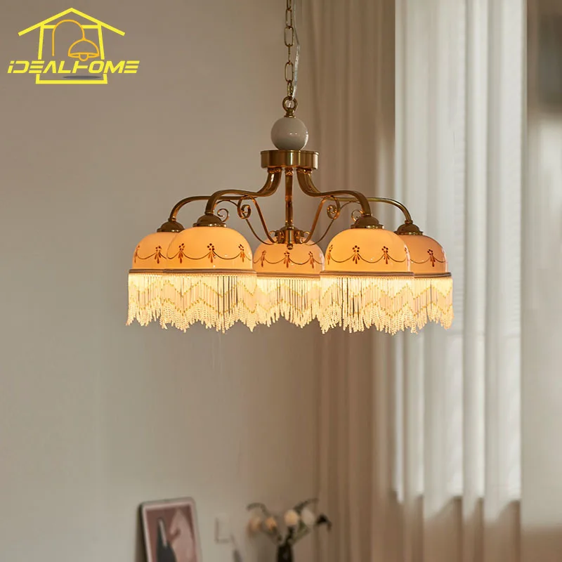 French Retro Medieval Cream Wind Chandelier Lighting LED E27 Iron Art Fringe Ceramics Pendant Lights Living/Dining Room Bedroom