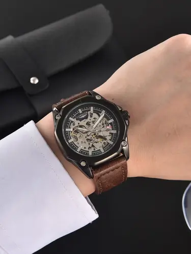 Imagen 2 del producto Reloj Automático para hombre, relojes mecánicos con esqueleto deportivo resistente al agua, reloj de cuero de moda para exteriores, regalo para novio