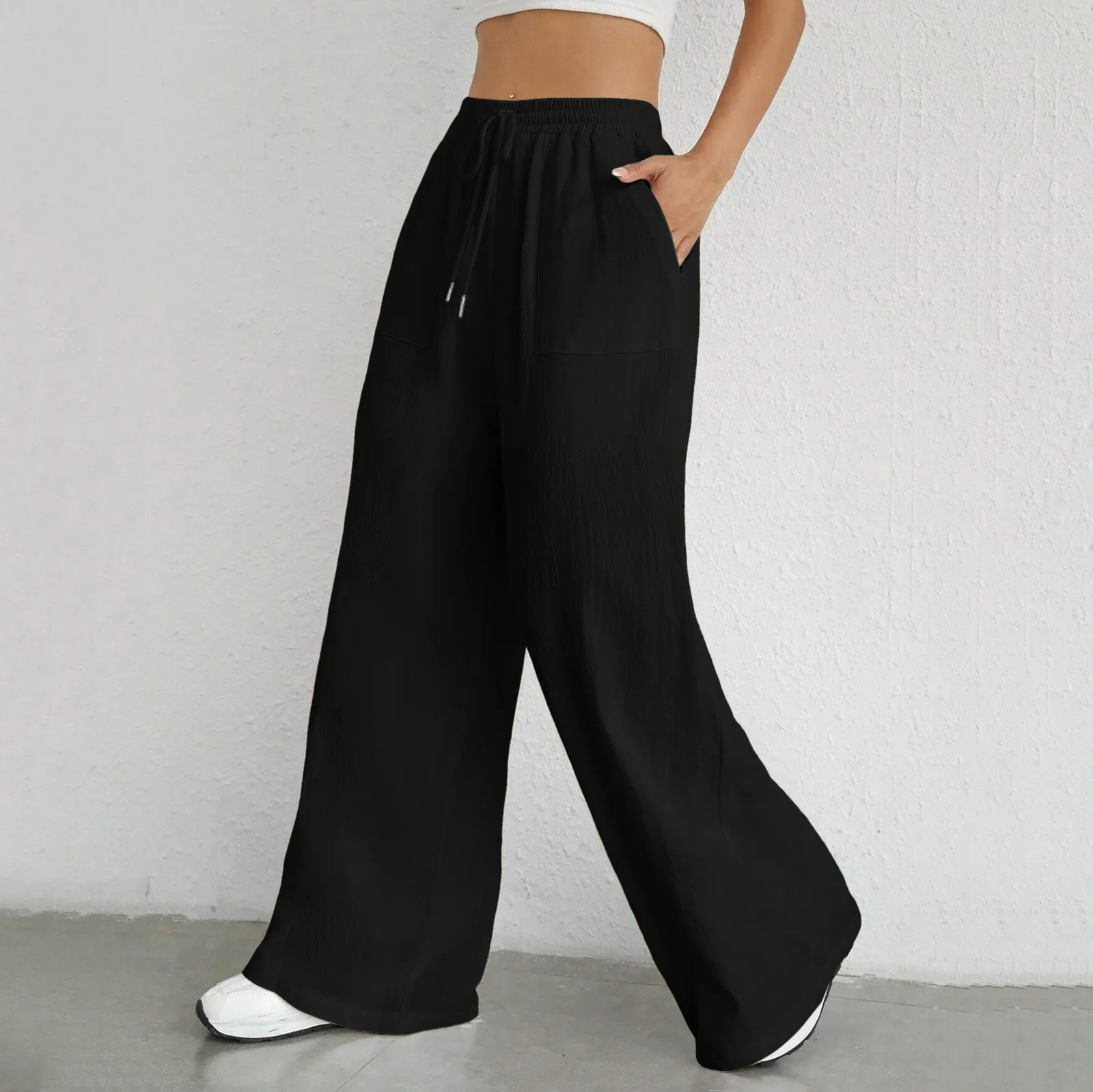 Women'S Imitation Cotton Hemp Tight Waist Wide Leg Pants Solid Color Loose Casual Sports Pants Elegant Fashion All Straight Pant