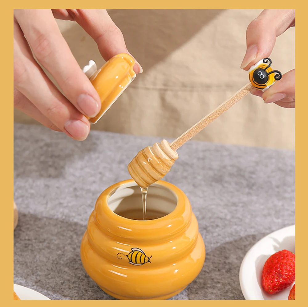 Honey Pot Ceramic Beehive And Wooden Dipper Honey Jar With Lid Honey Stir Bar For Honey Jar Supplies Kitchen Accessories