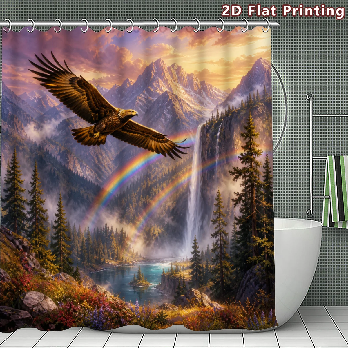 Stunning Rainbow Waterfall Mountain Eagle Landscape Shower Curtain 2D Flat Printing Bathroom Decor