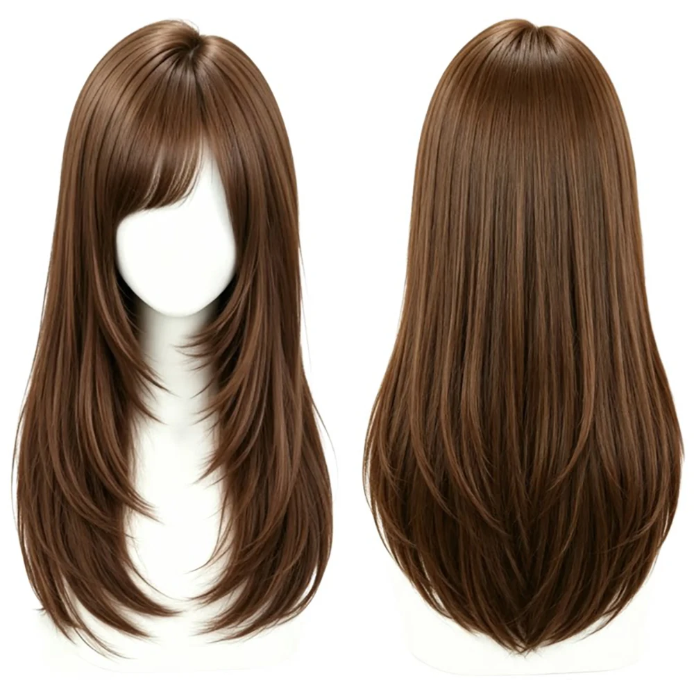 Honey Brown Long Layered Wig With Side Bangs For Women Natural Looking Heat Resistant Synthetic Hair Daily Commute Party Cosplay