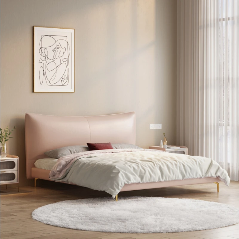 

Italian Luxury Modern Nordic Simple Soft Back Pink Leather Double Bed Storage Master Bedding