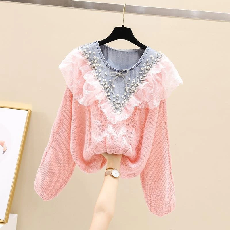 

Korean versation autumn new small fragrant style patchwork temperament round neck mesh ruffle edge fashion pullover sweater