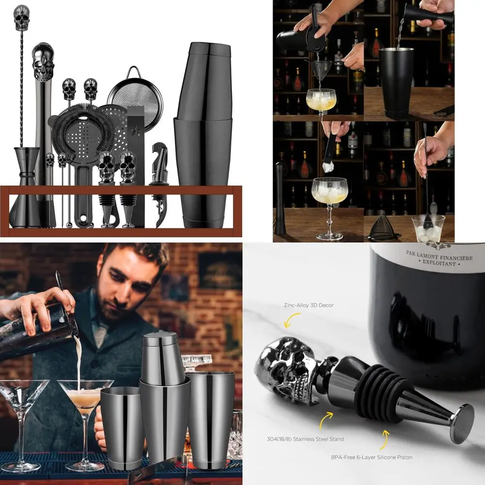 

Набор для бармена Essential Silver с подставкой, полный набор аксессуаров: Boston Shaker, Jigger, ситечко, миксер, Muddler, разливщики