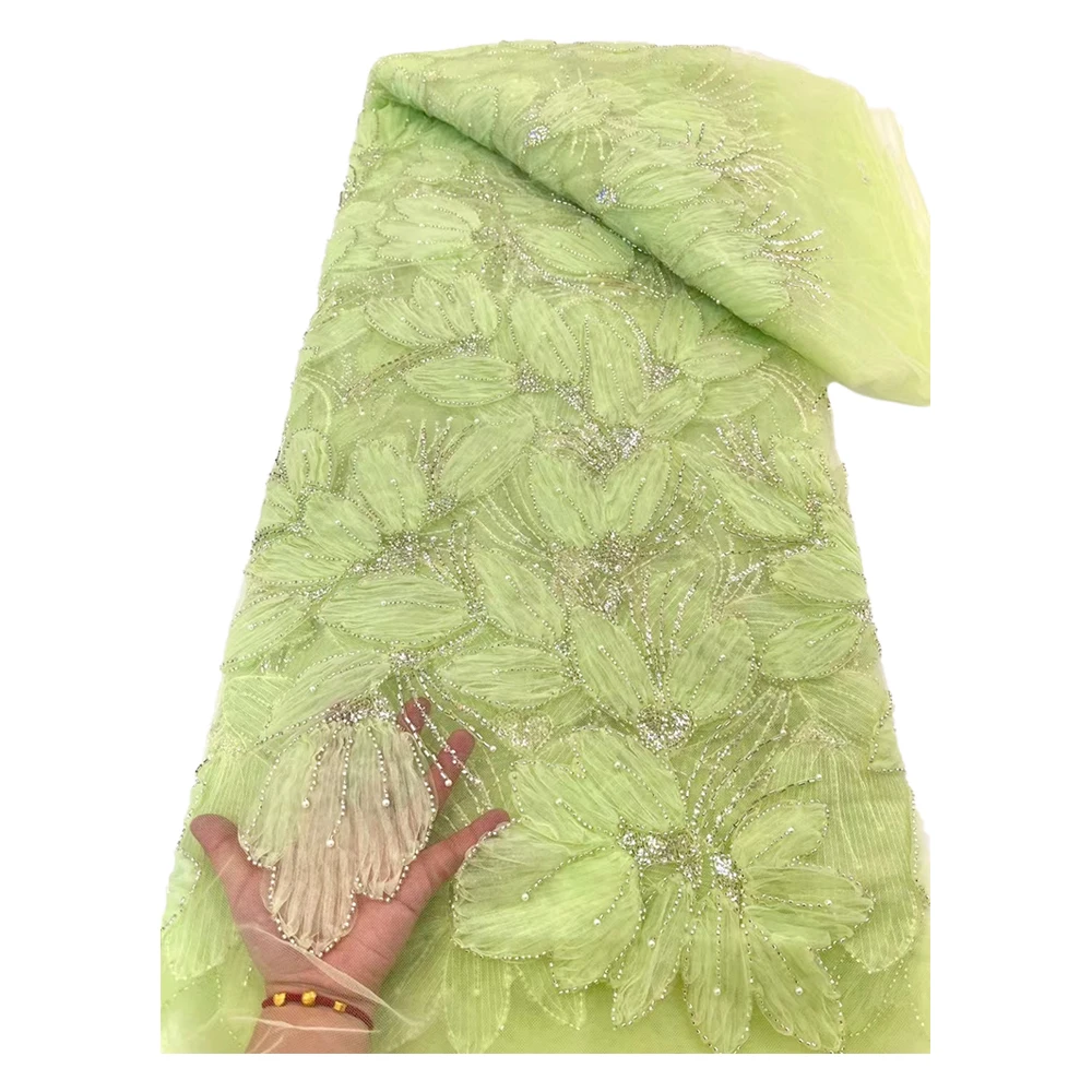 Stones Beaded Printing Lace Fabric Hot Sale 2025 Sew Party Wedding Dress Woman Beaded Embroidery Dyeing Lace Tulle Fabric