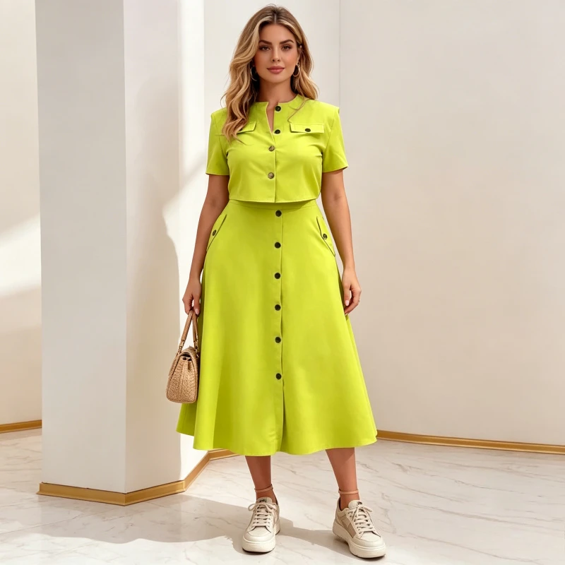 

Women Two Piece Sets Skirt Set Round Neck Short Tops Single Breasted Long Skirts A Line High Waist Y2k Streetwear Elegant Work