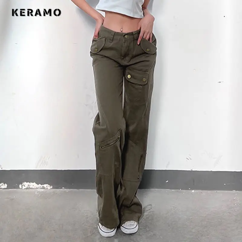 Y2K Baggy Retro 2000s Green Denim Trouser Women\'s Washed Vintage Casual High Street Pants Female High Waist Trashy Jeans