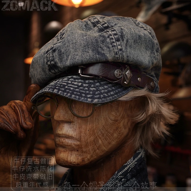 Handmade Vintage Denim Beret Male Newsboy Postman Versatile Painter Distressed Japanese