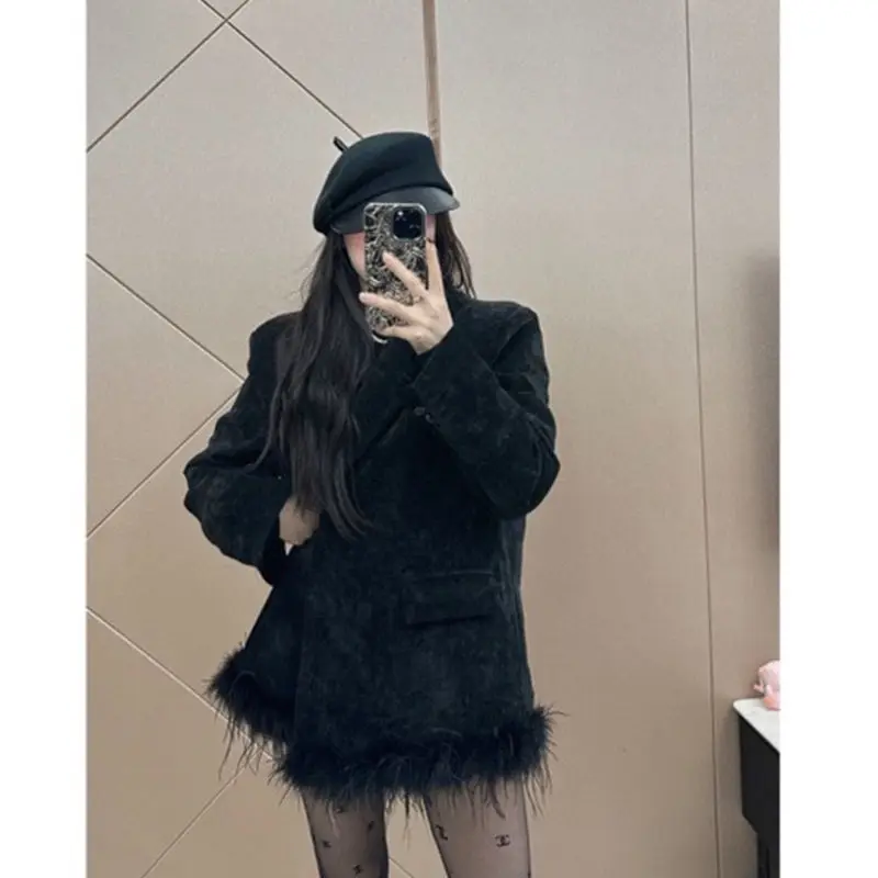 Zimowa, luksusowa, czarna, sztruksowa, ocieplana marynarka damska w stylu koreańskim, elegancki płaszcz z futrzanym wykończeniem, luźna kurtka garniturowa, odzież damska.