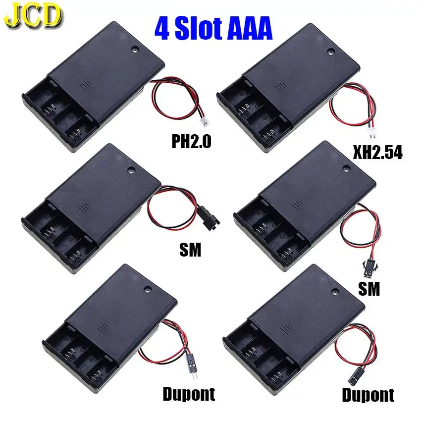 JCD AAA-Batteriehalter, Aufbewahrungsbox, 4 Steckplätze, AAA-Batteriehalter mit DC 5,5 x 2,1 mm PH2.0 XH2.54 SM DuPont Terminal Leadwire
