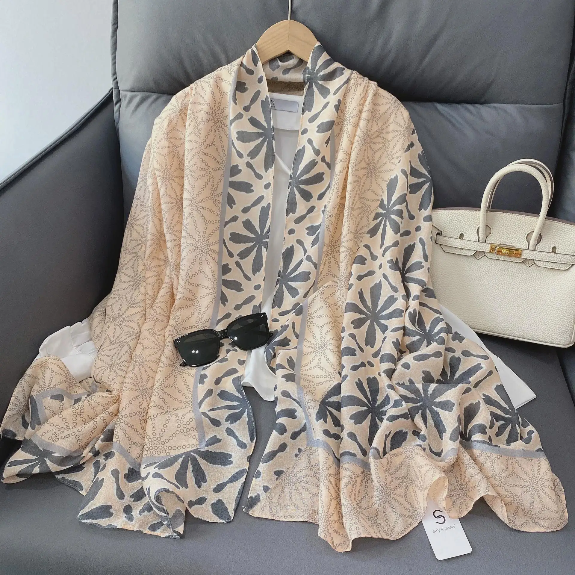 وشاح من الكتان القطني المطبوع بتصميم هندسي للصيف للحماية من الشمس والزهور، لفافة كتف Briti Sle مزدوجة الجوانب للشباب #3