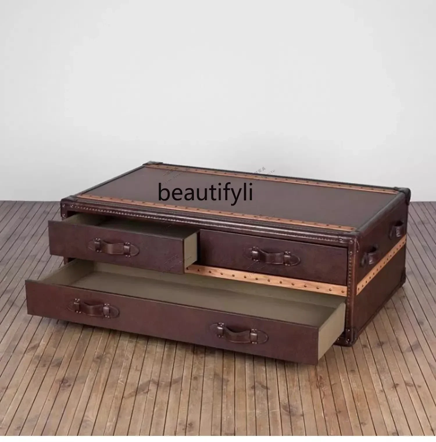 

yj7 American retro leather coffee table decorative cabinet, ancient style homestay oil wax leather suitcase coffee table