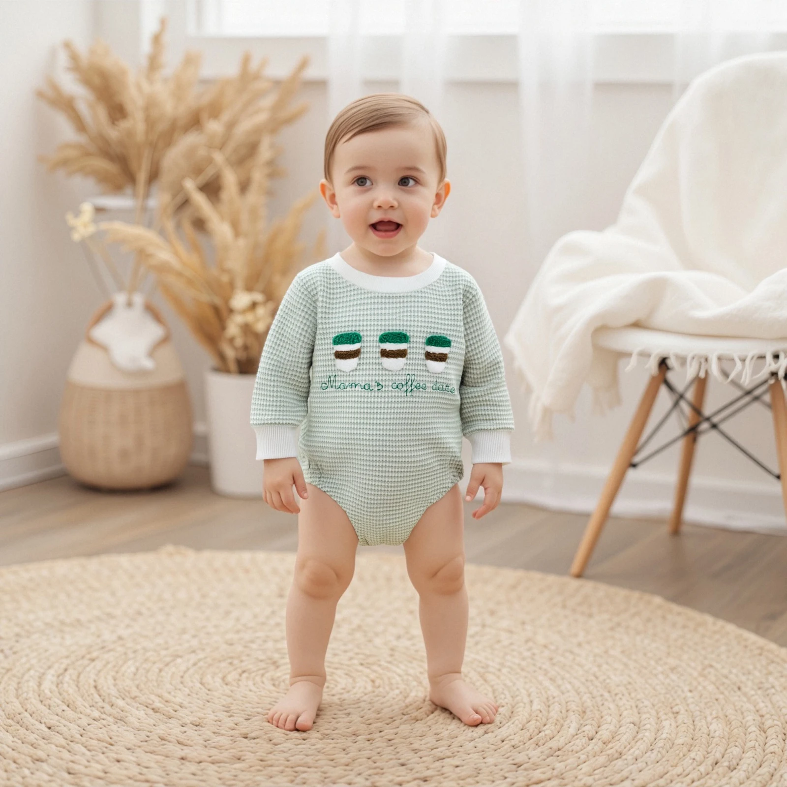 

Baby Romper, Long Sleeve Crew Neck Stripes Embroidery Fall Bodysuit Clothes for Girls Boys